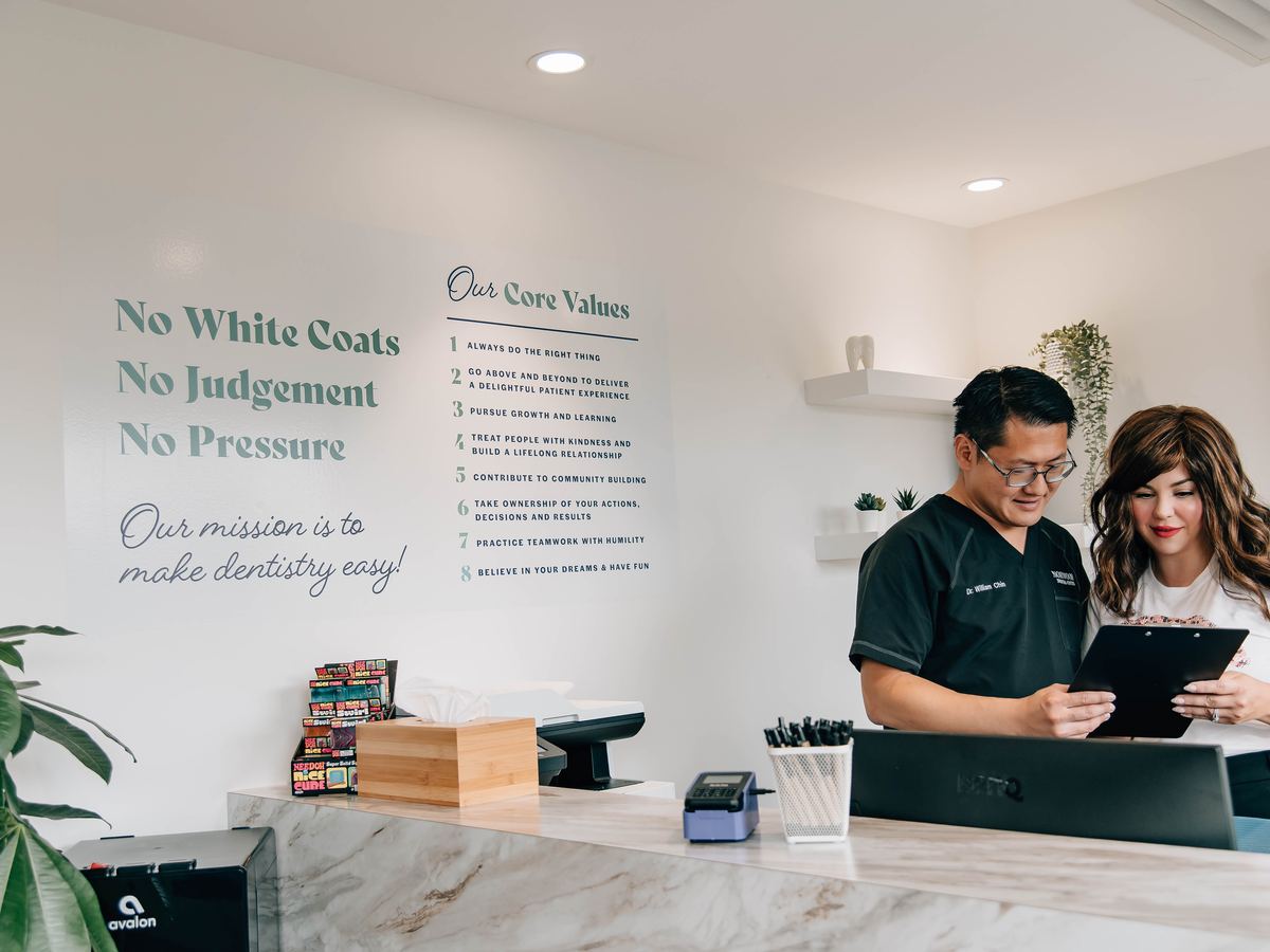 No White Coats / No Judgement / No Pressure brand wall at Norwood Dental Centre